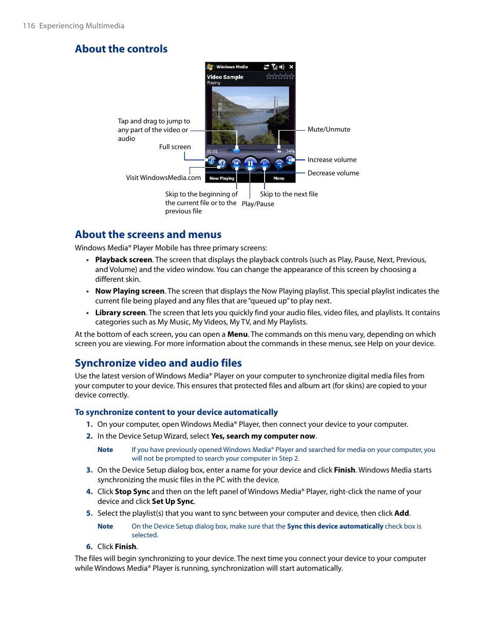 About the controls, About the screens and menus, Synchronize video and audio files | HTC AM171 User Manual | Page 116 / 158