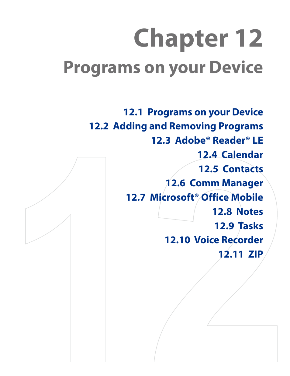Chapter 12 programs on your device, Chapter 12, Programs on your device | HTC AM171 User Manual | Page 121 / 158