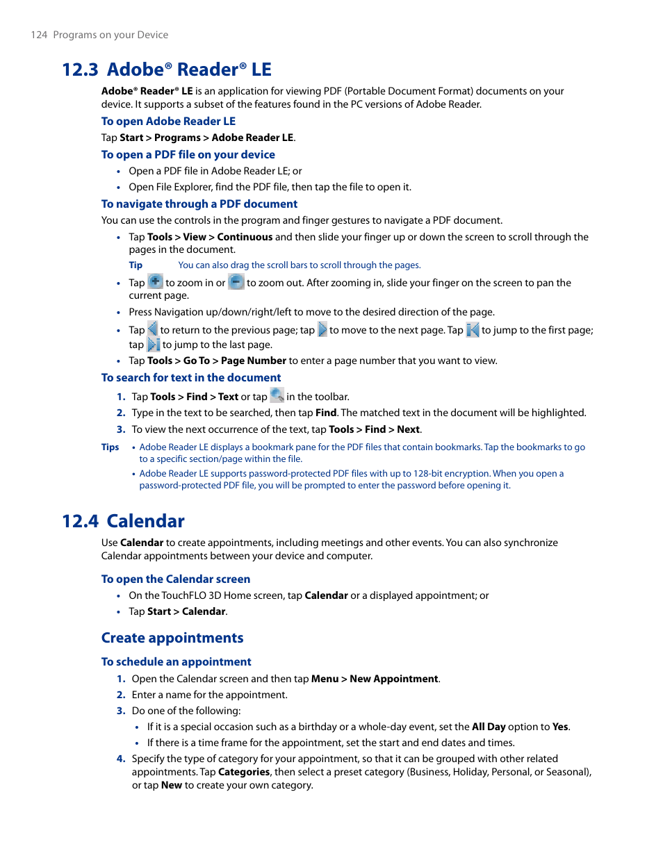 3 adobe® reader® le, 4 calendar, 3 adobe® reader® le 12.4 calendar | Create appointments 4, Create appointments | HTC AM171 User Manual | Page 124 / 158