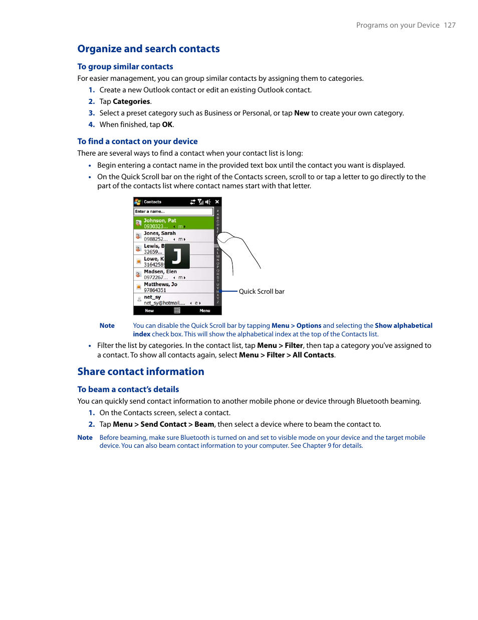 Organize and search contacts, Share contact information | HTC AM171 User Manual | Page 127 / 158