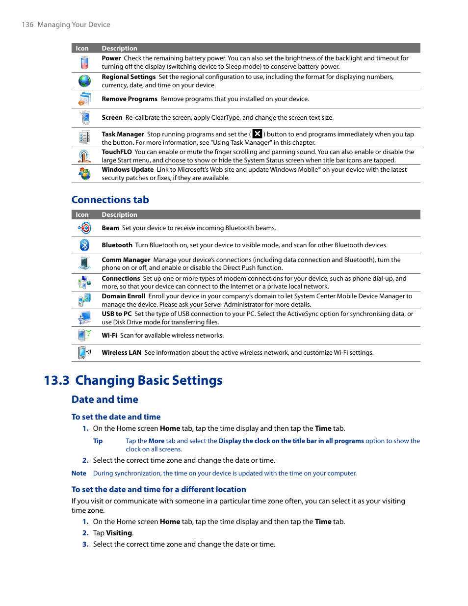3 changing basic settings, Connections tab, Date and time | HTC AM171 User Manual | Page 136 / 158