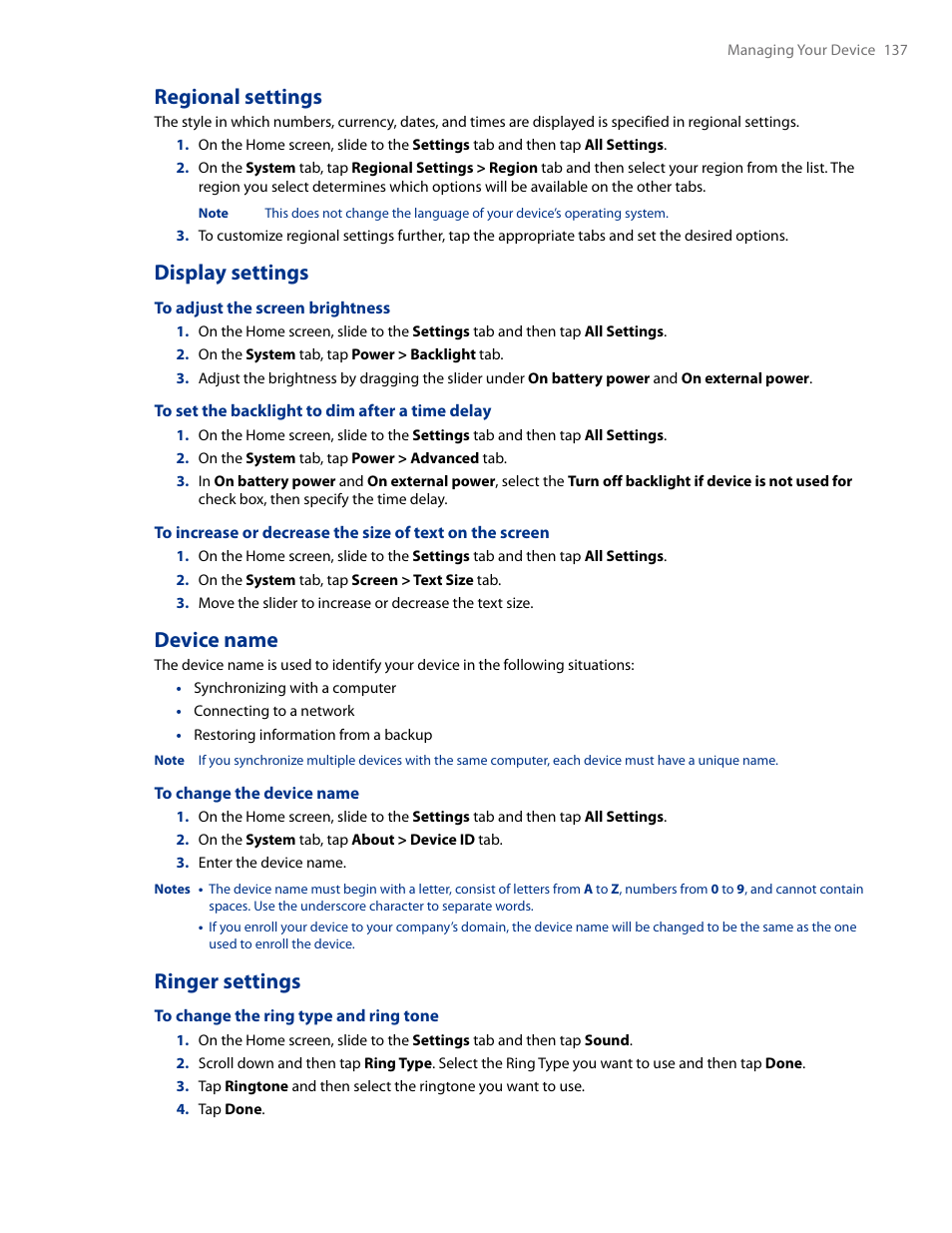 Regional settings, Display settings, Device name | Ringer settings | HTC AM171 User Manual | Page 137 / 158