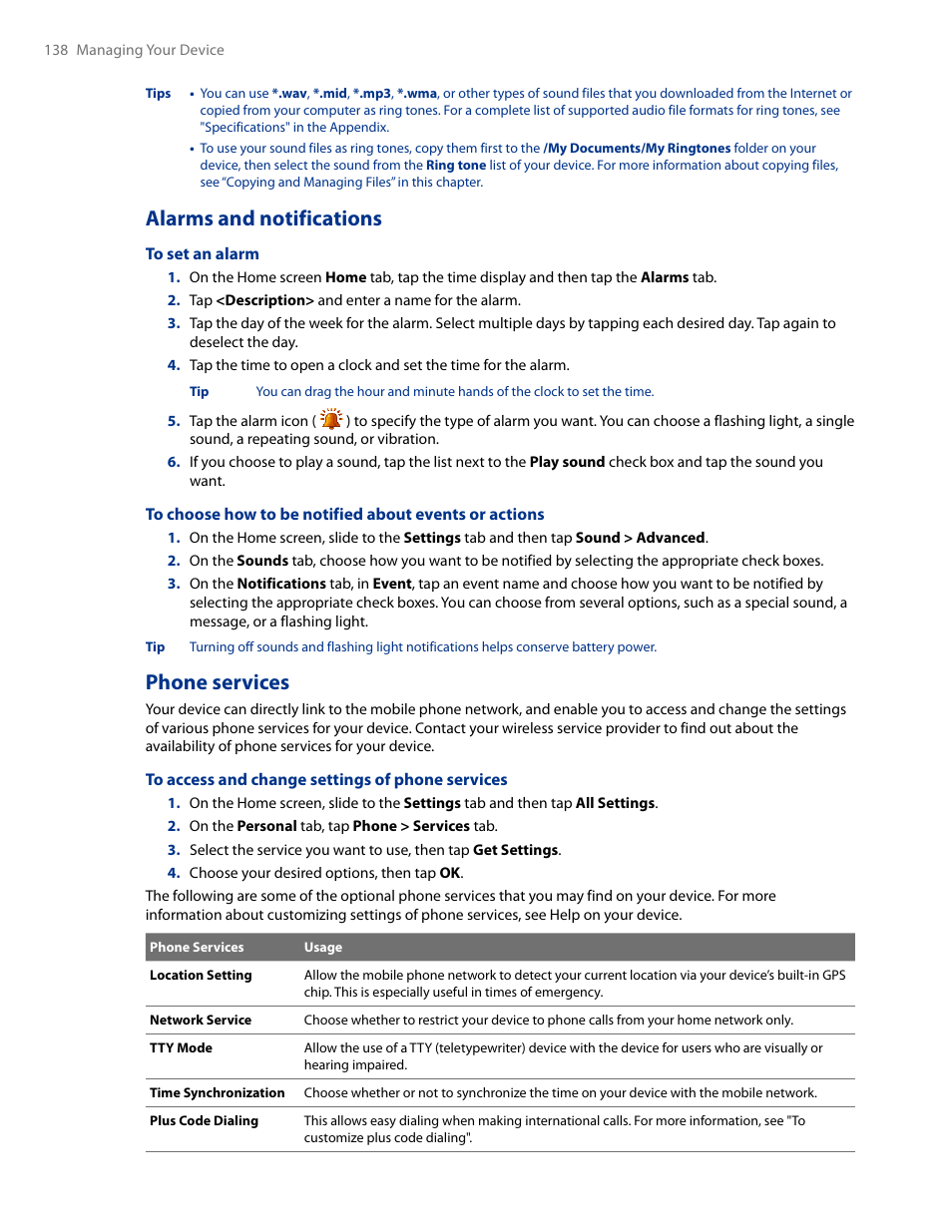 Alarms and notifications phone services, Alarms and notifications, Phone services | HTC AM171 User Manual | Page 138 / 158