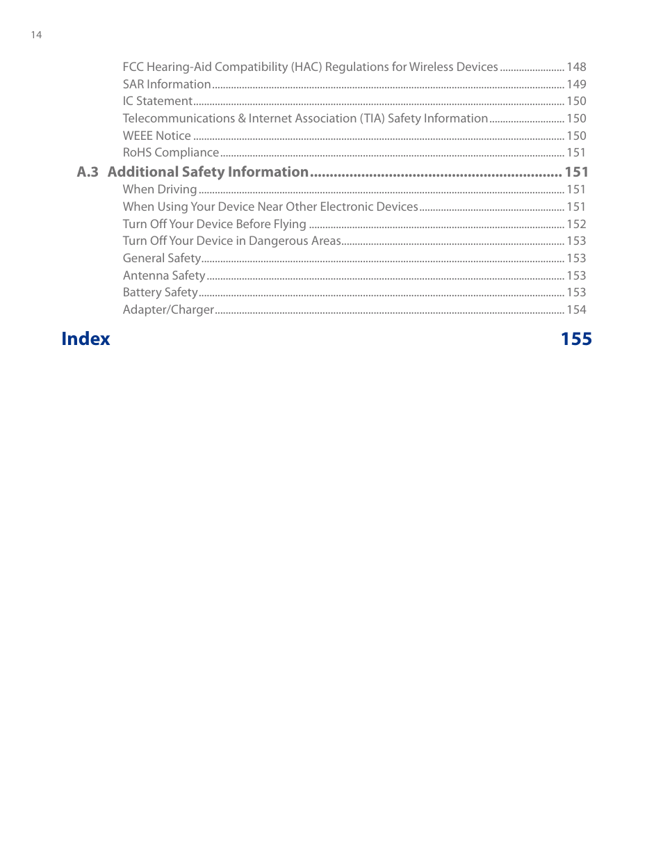 Index 155 | HTC AM171 User Manual | Page 14 / 158