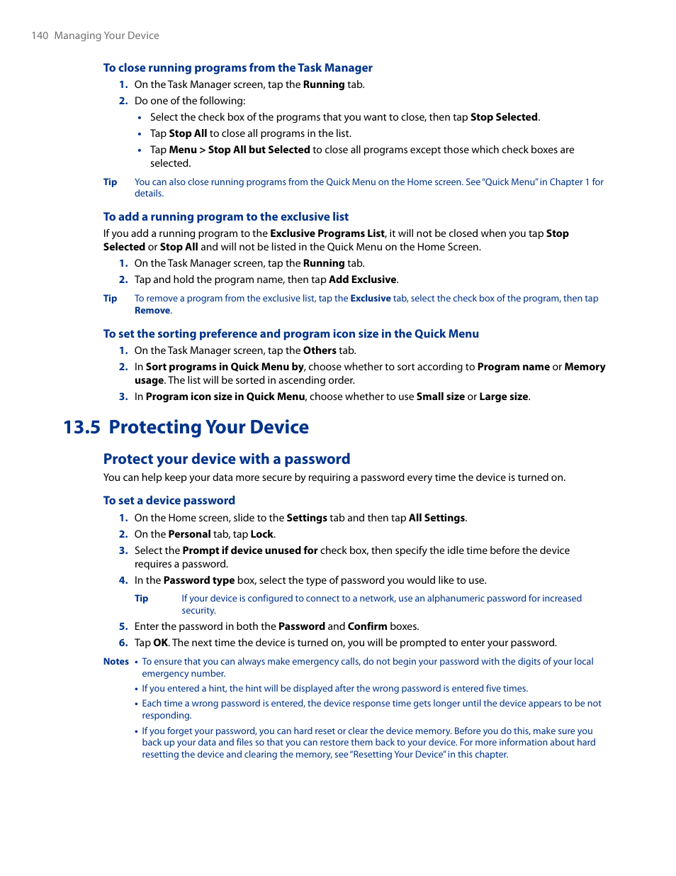 5 protecting your device, Protect your device with a password | HTC AM171 User Manual | Page 140 / 158