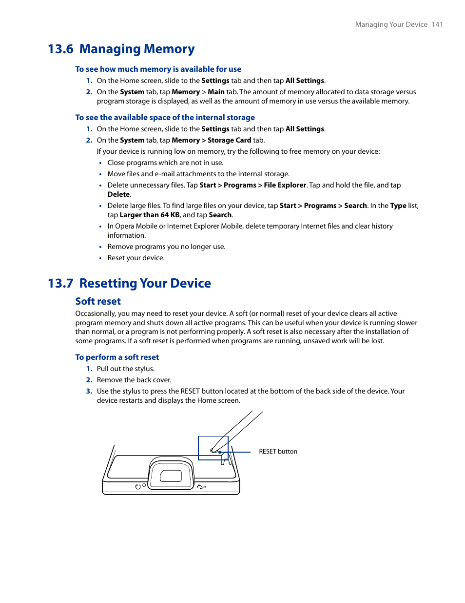 6 managing memory, 7 resetting your device, 6 managing memory 13.7 resetting your device | Soft reset | HTC AM171 User Manual | Page 141 / 158