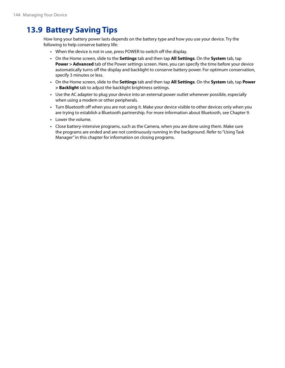 9 battery saving tips | HTC AM171 User Manual | Page 144 / 158