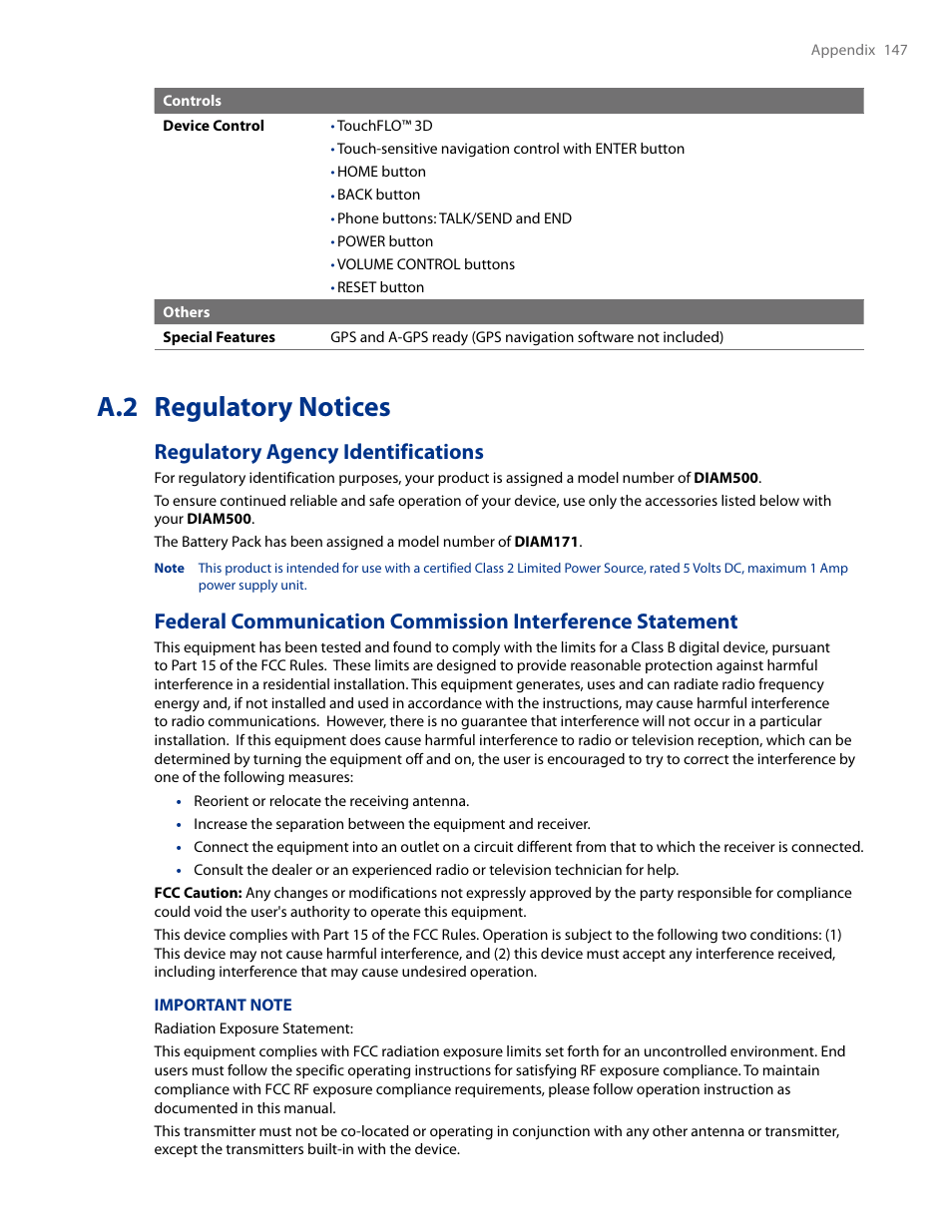 A.2 regulatory notices, Regulatory agency identifications | HTC AM171 User Manual | Page 147 / 158