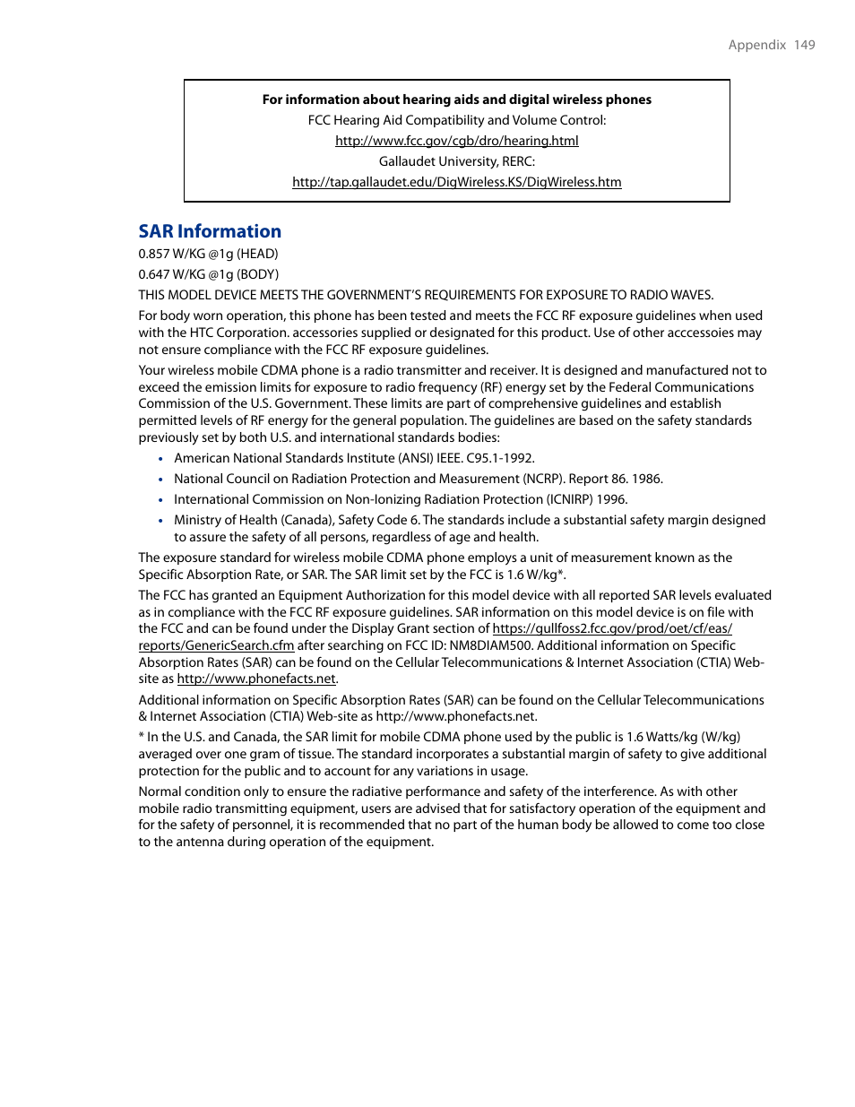 Sar information | HTC AM171 User Manual | Page 149 / 158