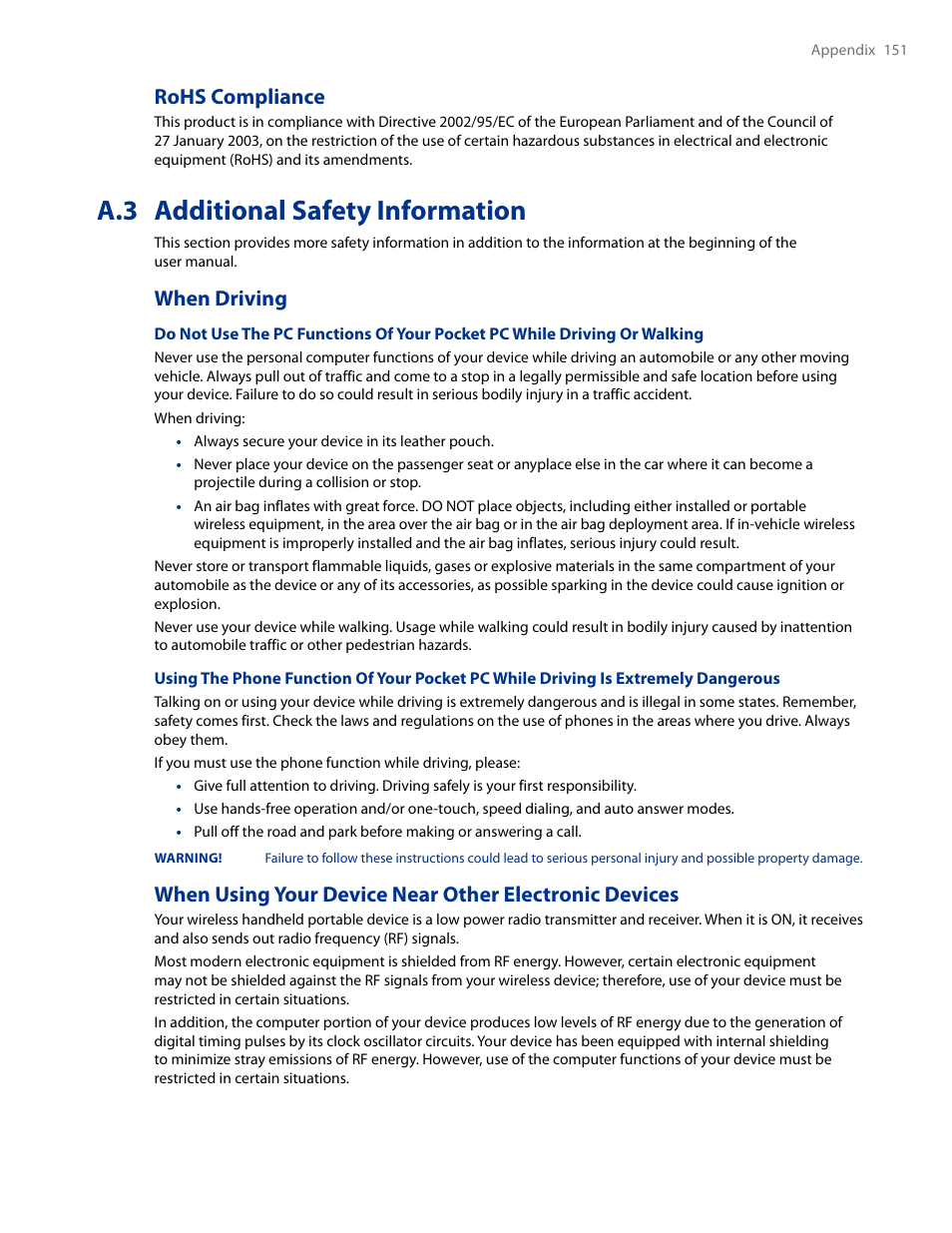 A.3 additional safety information, Rohs compliance, When driving | HTC AM171 User Manual | Page 151 / 158
