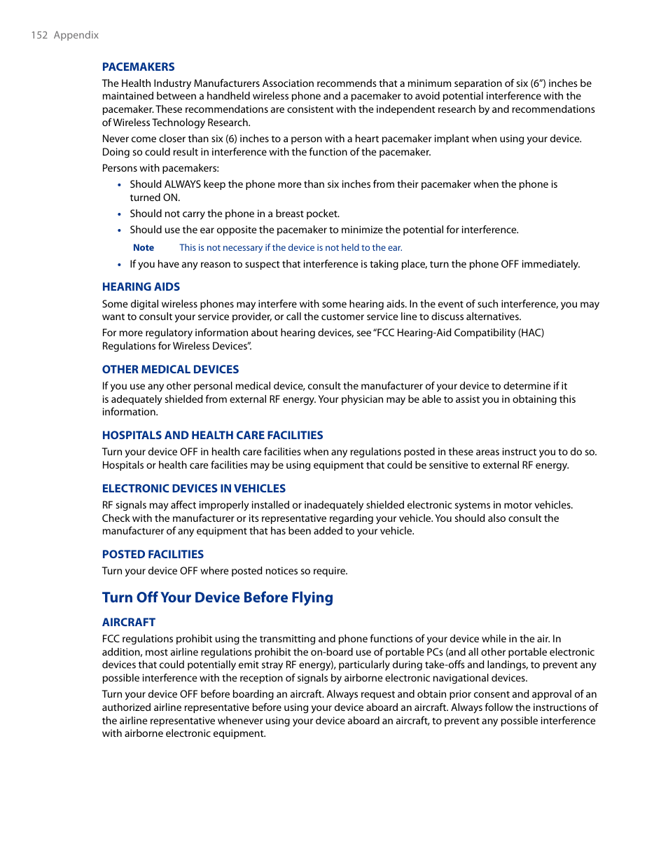 Turn off your device before flying | HTC AM171 User Manual | Page 152 / 158