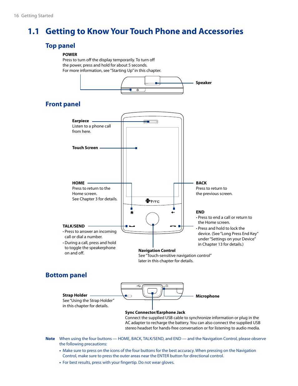 1 getting to know your touch phone and accessories, Top panel front panel bottom panel, 1 getting to know your touch phone | And accessories, Top panel, Front panel, Bottom panel | HTC AM171 User Manual | Page 16 / 158
