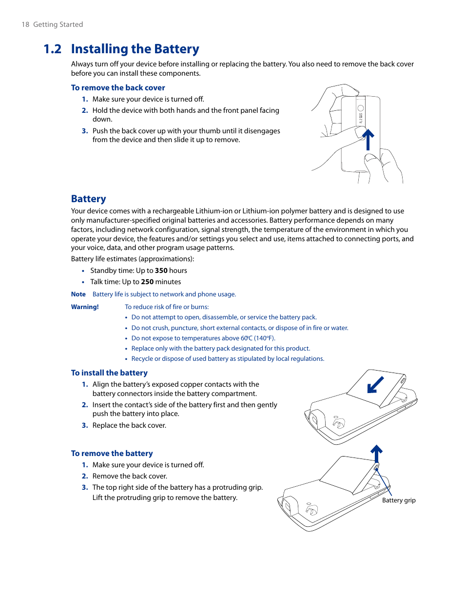 2 installing the battery, Battery | HTC AM171 User Manual | Page 18 / 158