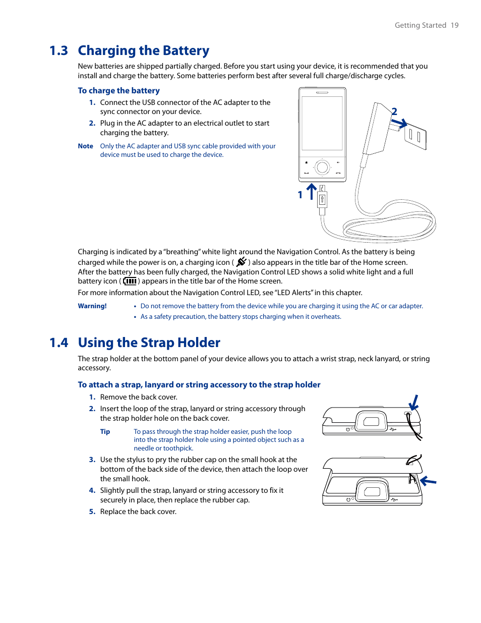 3 charging the battery, 4 using the strap holder, 3 charging the battery 1.4 using the strap holder | HTC AM171 User Manual | Page 19 / 158