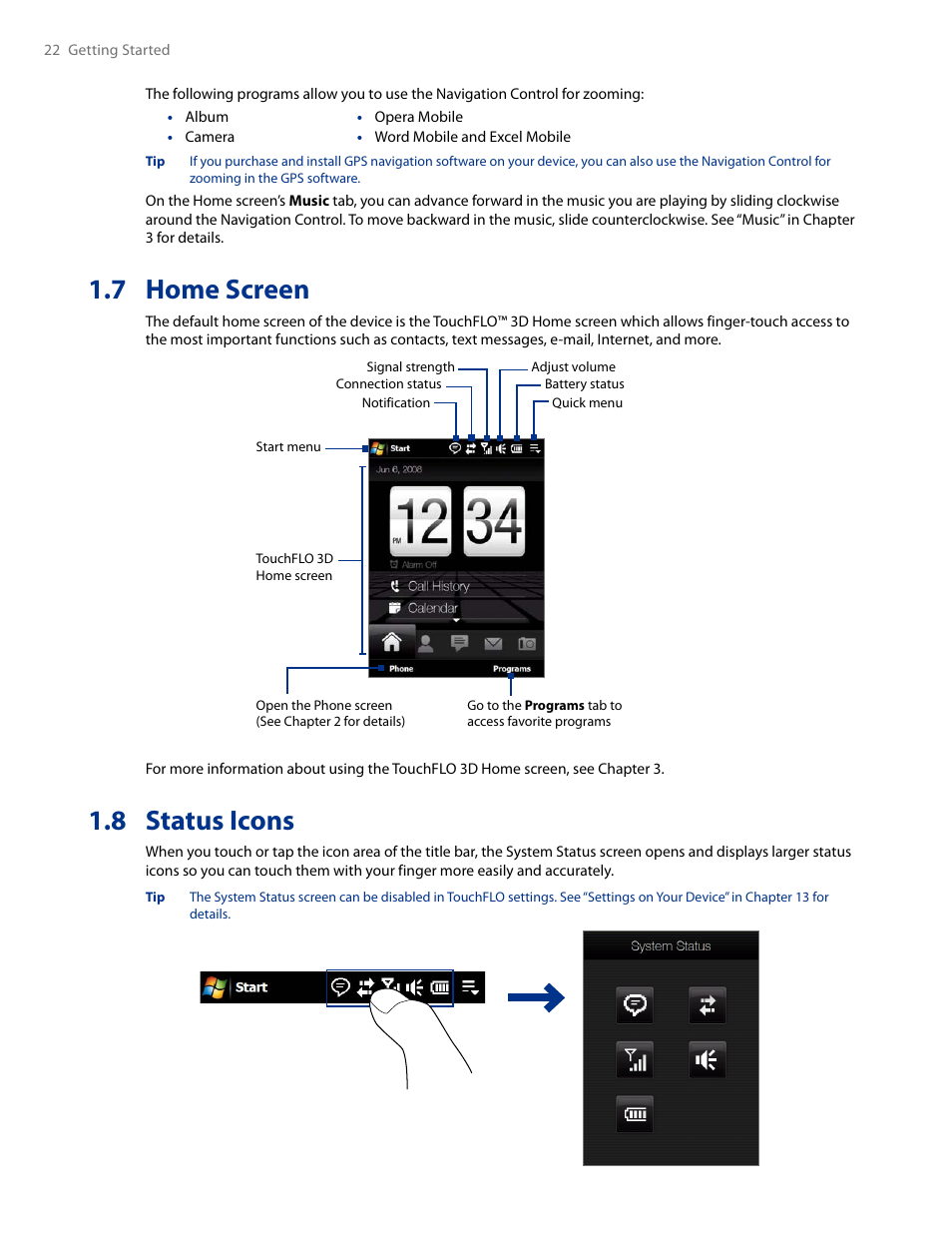 7 home screen, 8 status icons, 7 home screen 1.8 status icons | HTC AM171 User Manual | Page 22 / 158
