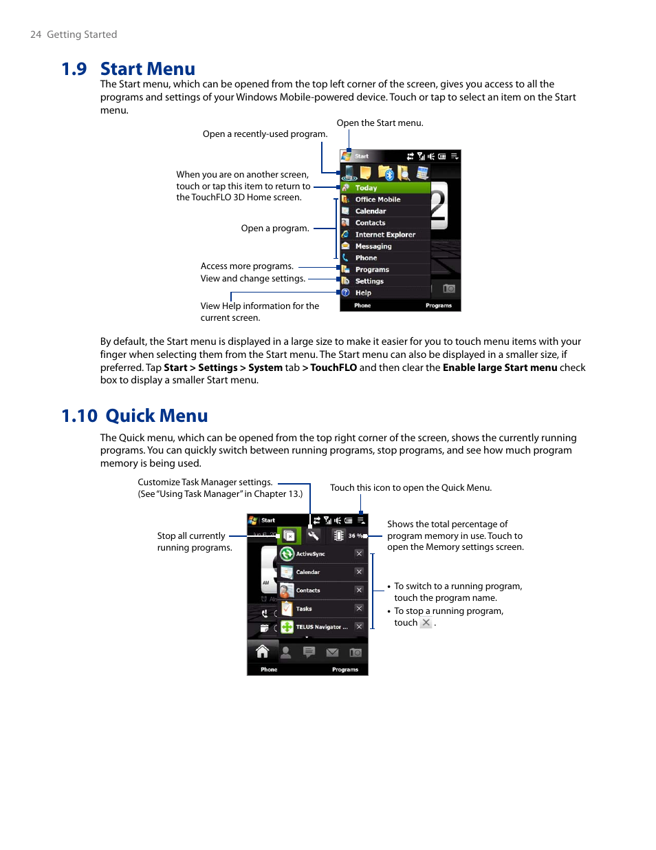 9 start menu, 10 quick menu, 9 start menu 1.10 quick menu | HTC AM171 User Manual | Page 24 / 158