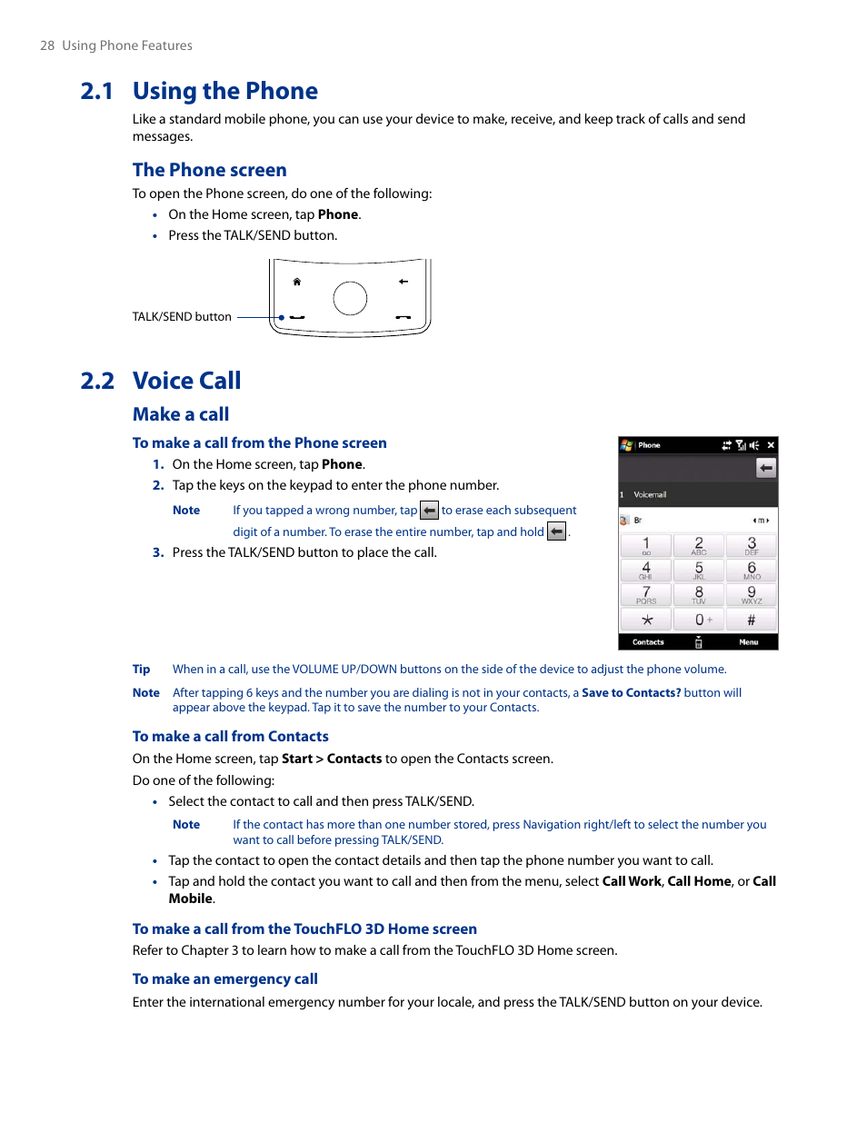 1 using the phone, 2 voice call, The phone screen | Make a call | HTC AM171 User Manual | Page 28 / 158