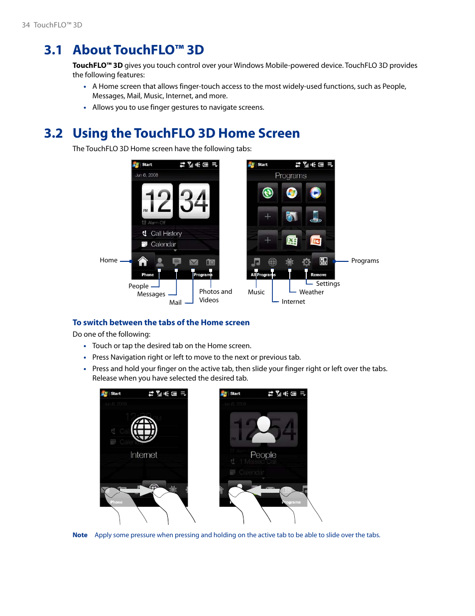 1 about touchflo™ 3d, 2 using the touchflo 3d home screen | HTC AM171 User Manual | Page 34 / 158
