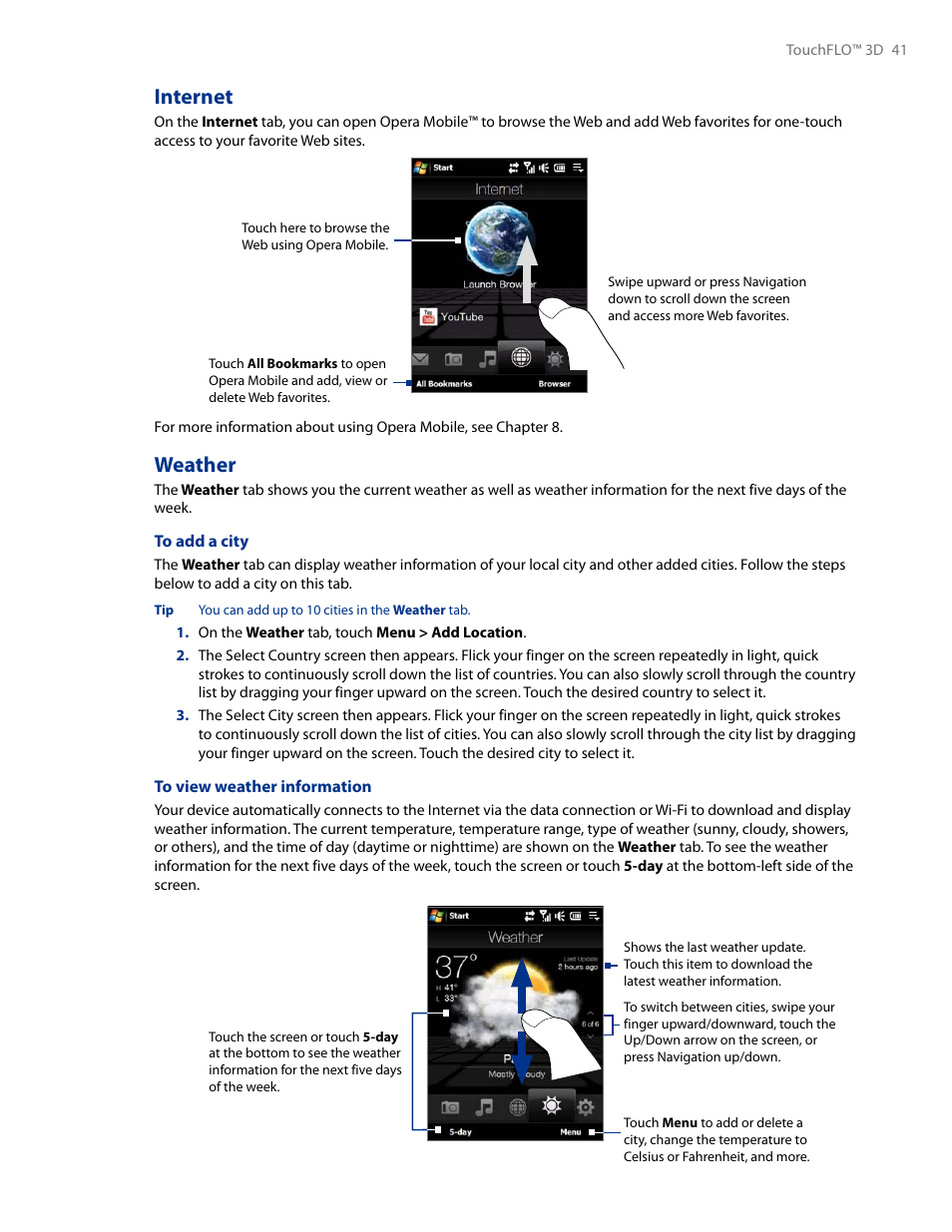 Internet weather, Internet, Weather | HTC AM171 User Manual | Page 41 / 158