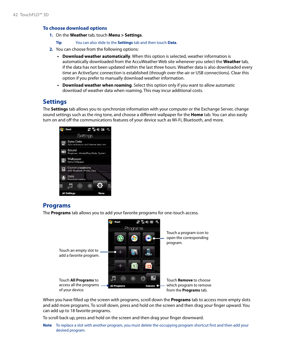Settings  programs, Settings, Programs | HTC AM171 User Manual | Page 42 / 158
