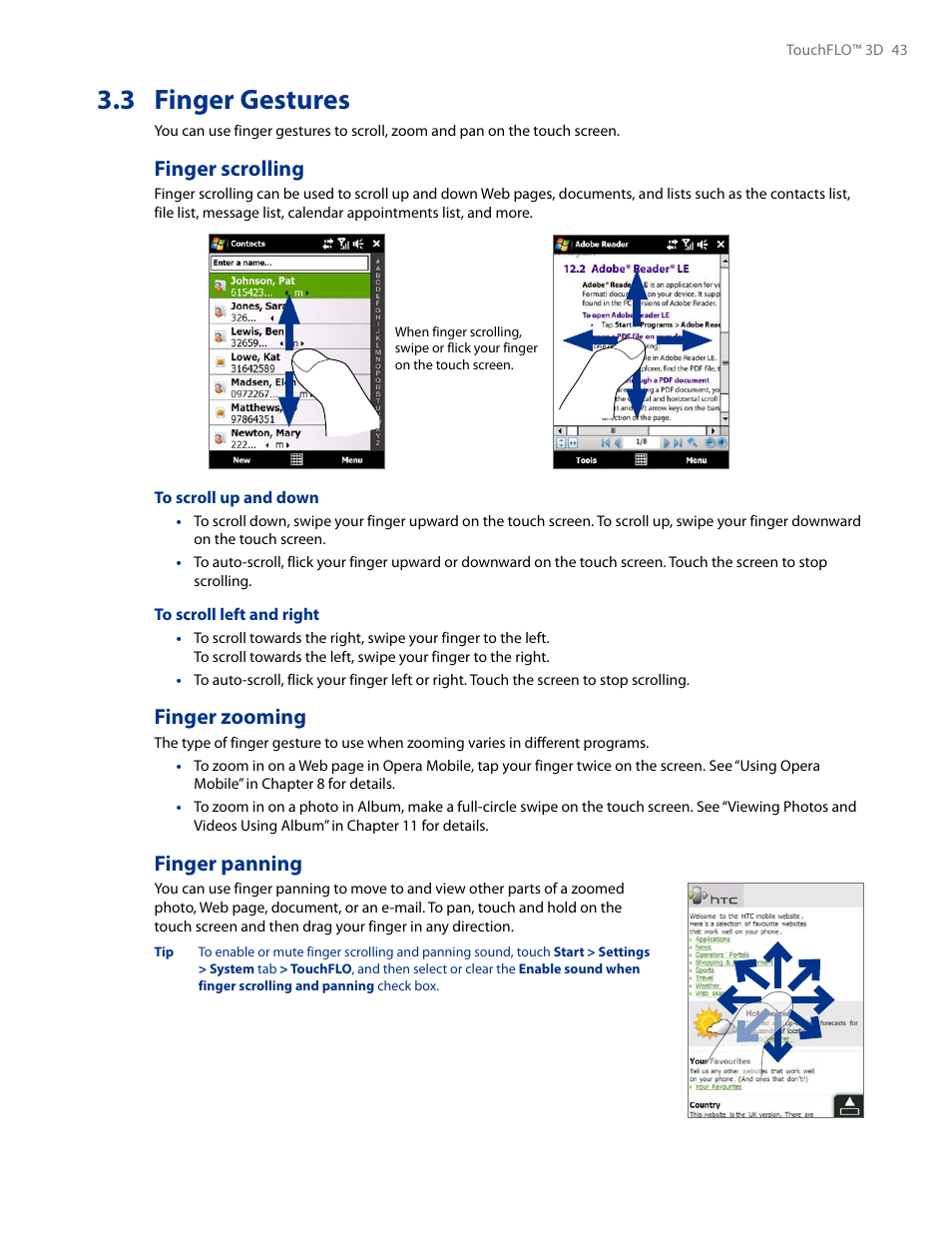 3 finger gestures, Finger scrolling finger zooming finger panning, Finger scrolling | Finger zooming, Finger panning | HTC AM171 User Manual | Page 43 / 158