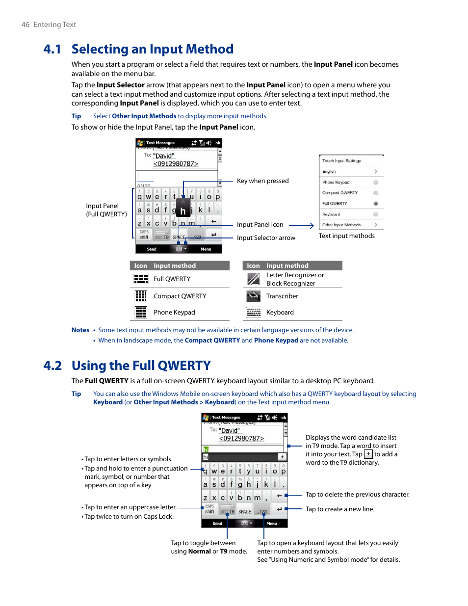 1 selecting an input method, 2 using the full qwerty | HTC AM171 User Manual | Page 46 / 158