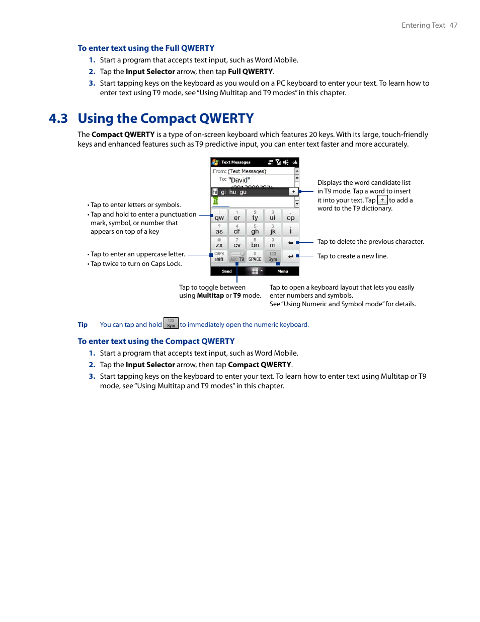 3 using the compact qwerty | HTC AM171 User Manual | Page 47 / 158
