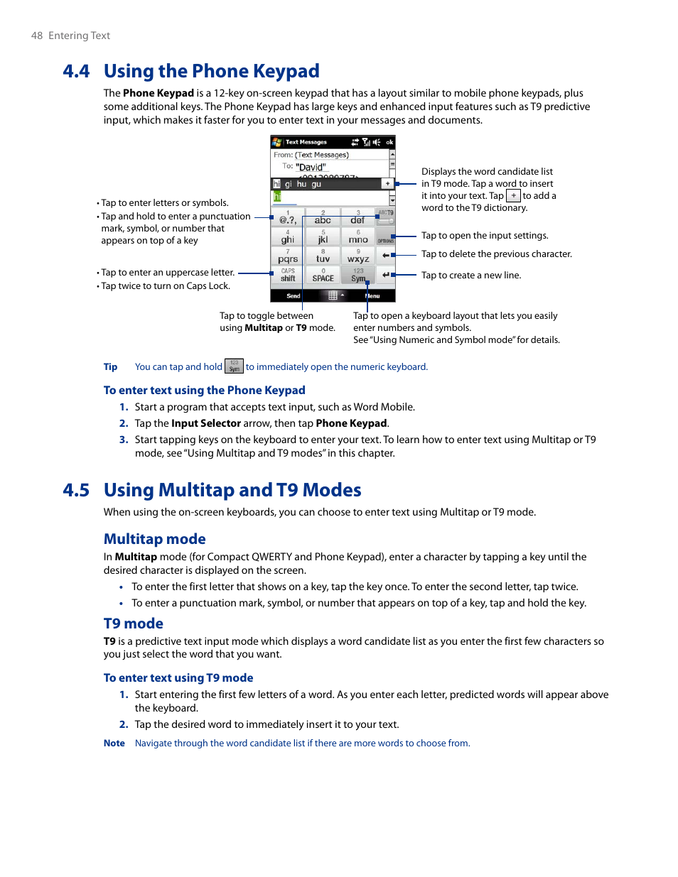 4 using the phone keypad, 5 using multitap and t9 modes, Multitap mode t9 mode | Multitap mode, T9 mode | HTC AM171 User Manual | Page 48 / 158