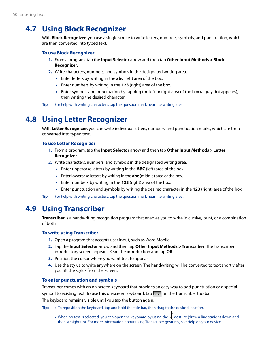 7 using block recognizer, 8 using letter recognizer, 9 using transcriber | HTC AM171 User Manual | Page 50 / 158