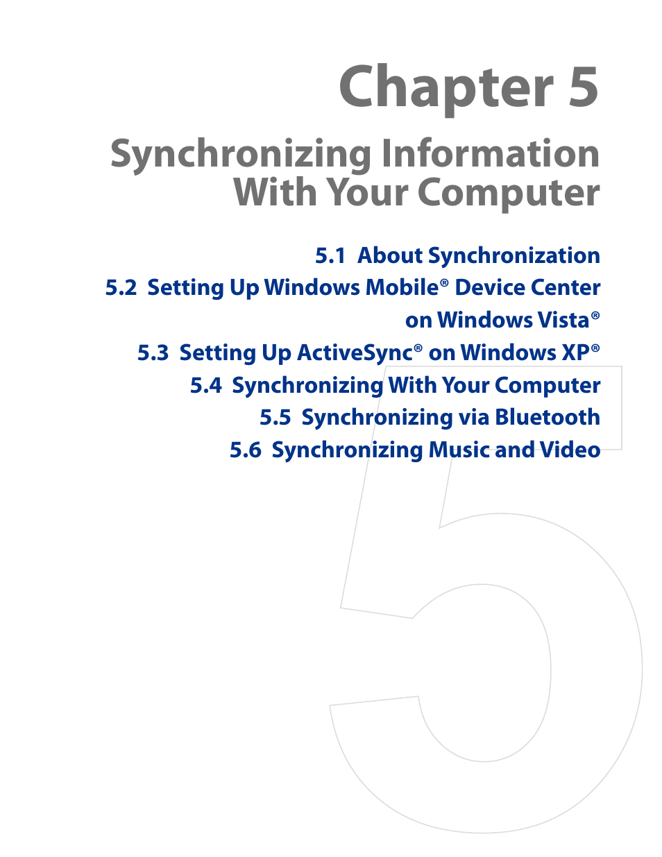 Chapter 5, Synchronizing information with your computer | HTC AM171 User Manual | Page 53 / 158