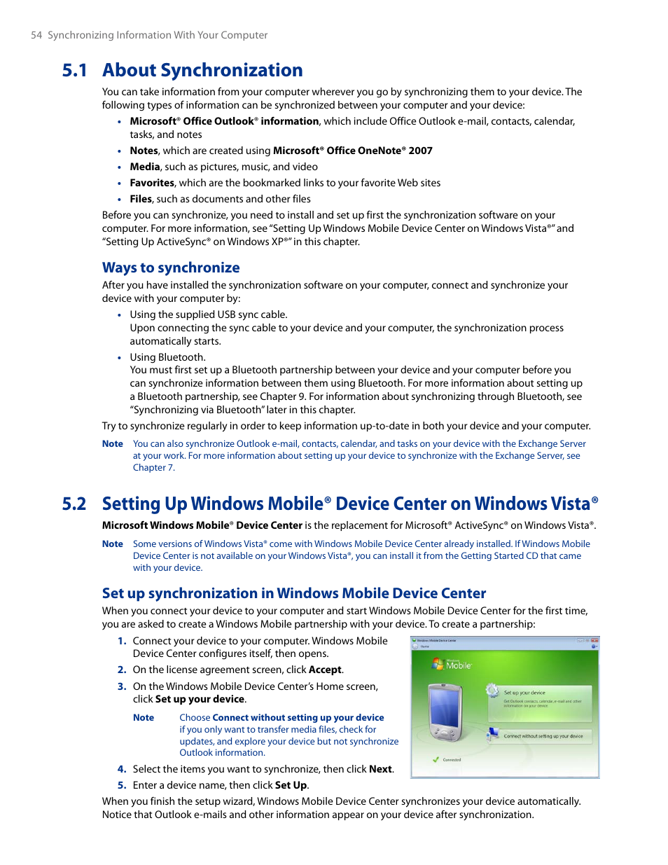 1 about synchronization, Ways to synchronize, 2 setting up windows mobile® device center | On windows vista | HTC AM171 User Manual | Page 54 / 158
