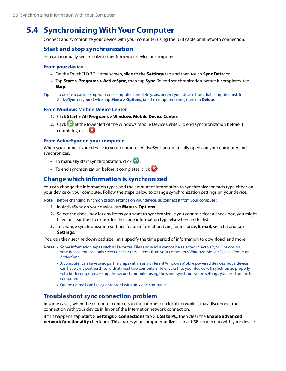 4 synchronizing with your computer, Start and stop synchronization, Change which information is synchronized | Troubleshoot sync connection problem | HTC AM171 User Manual | Page 56 / 158