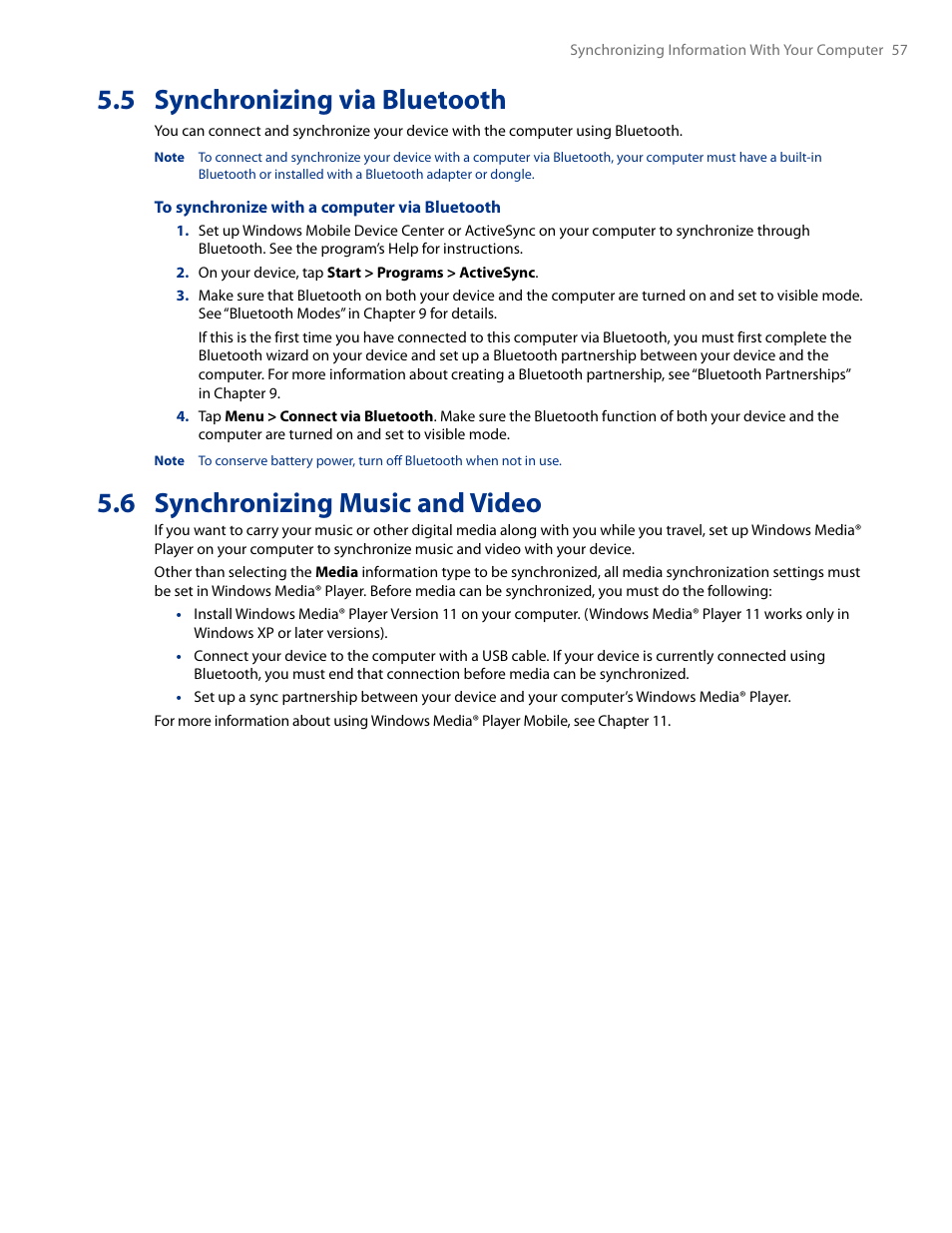 5 synchronizing via bluetooth, 6 synchronizing music and video | HTC AM171 User Manual | Page 57 / 158