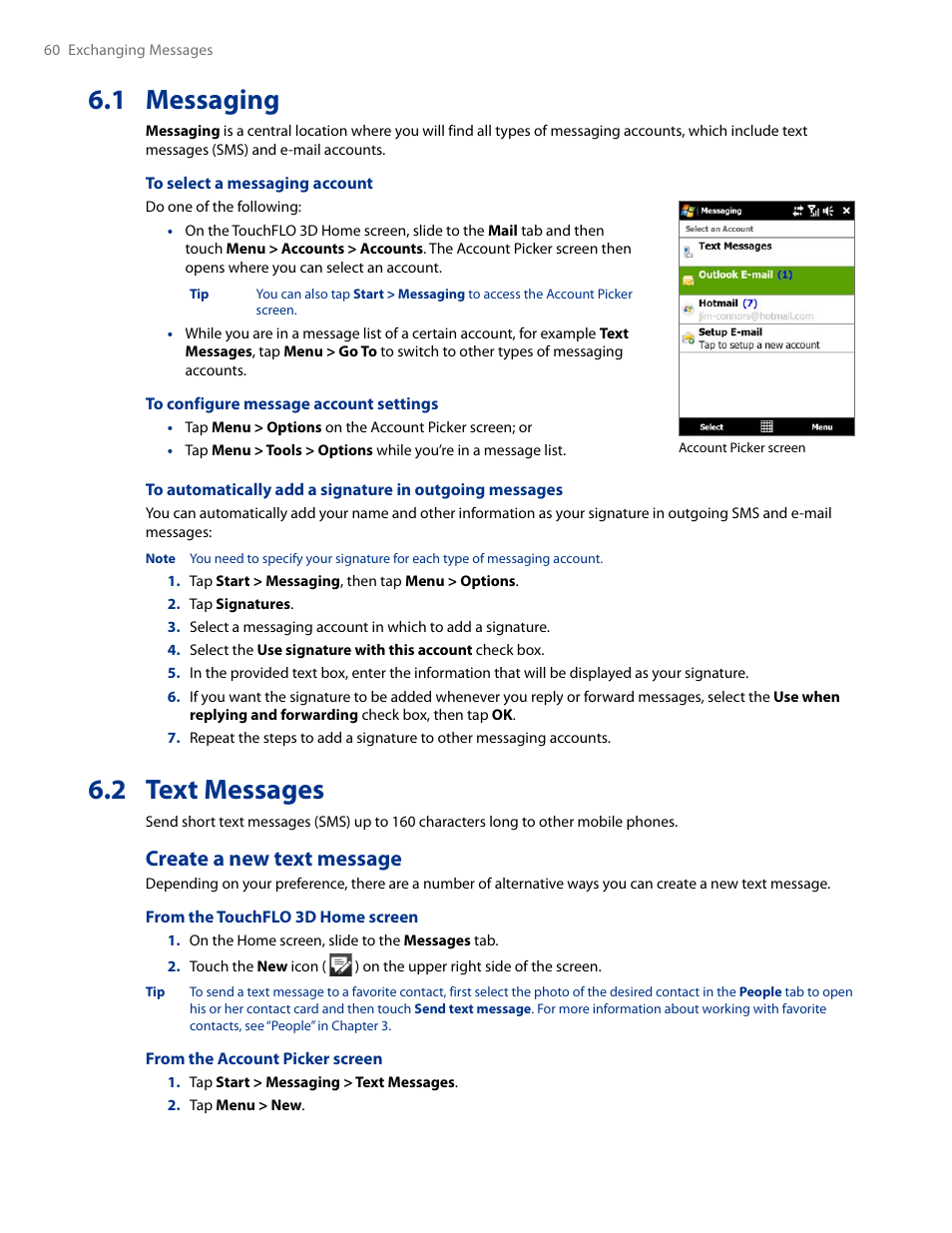 1 messaging, 2 text messages, 1 messaging 6.2 text messages | Create a new text message | HTC AM171 User Manual | Page 60 / 158