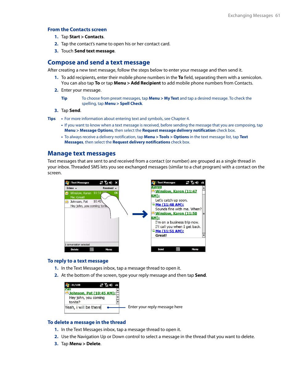 Compose and send a text message, Manage text messages | HTC AM171 User Manual | Page 61 / 158