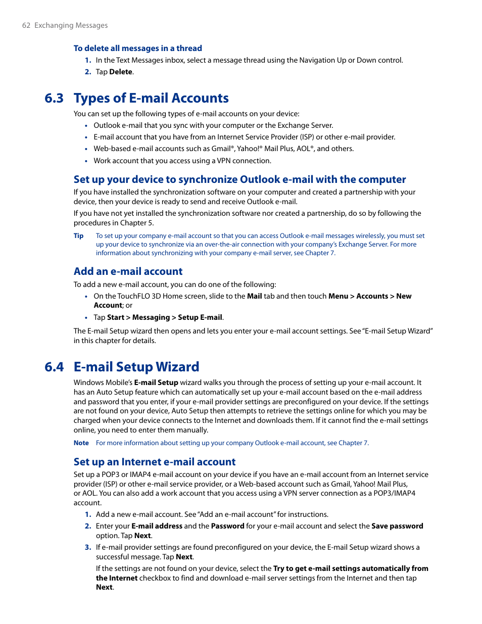 3 types of e-mail accounts, 4 e-mail setup wizard, Set up an internet e-mail account | Add an e-mail account | HTC AM171 User Manual | Page 62 / 158