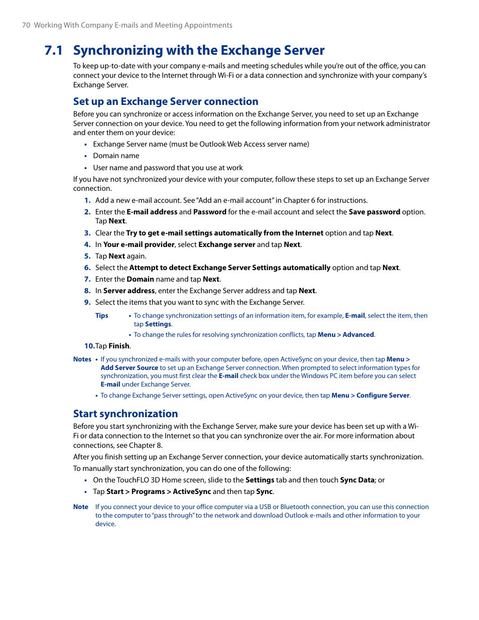 1 synchronizing with the exchange server, Set up an exchange server connection, Start synchronization | HTC AM171 User Manual | Page 70 / 158