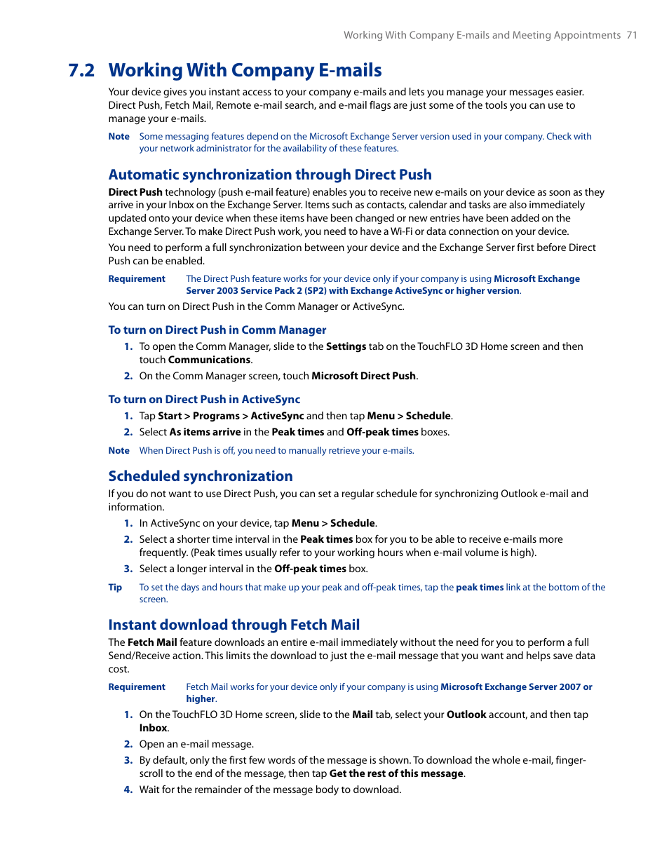 2 working with company e-mails, Automatic synchronization through direct push, Scheduled synchronization | Instant download through fetch mail | HTC AM171 User Manual | Page 71 / 158