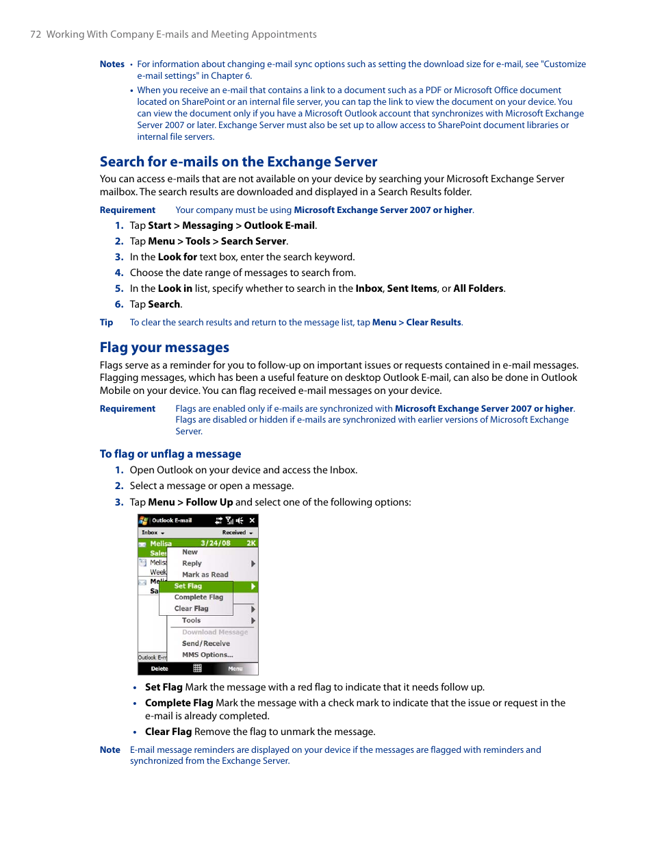 Search for e-mails on the exchange server, Flag your messages | HTC AM171 User Manual | Page 72 / 158