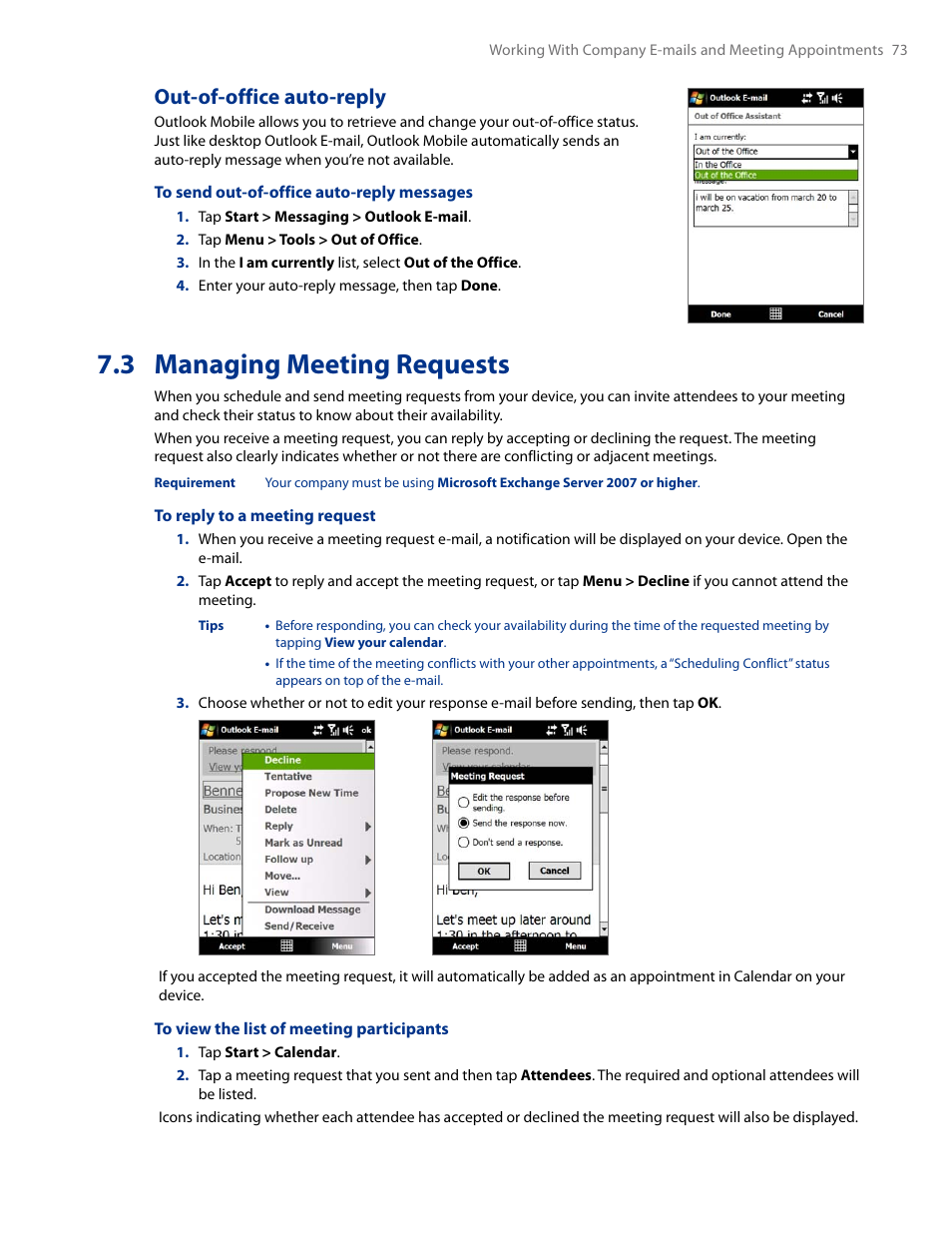 3 managing meeting requests, Out-of-office auto-reply | HTC AM171 User Manual | Page 73 / 158