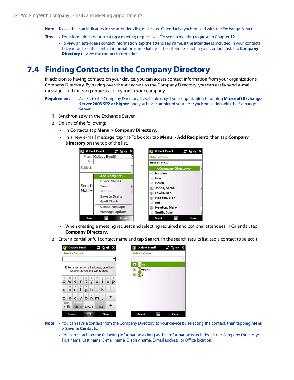 4 finding contacts in the company directory | HTC AM171 User Manual | Page 74 / 158