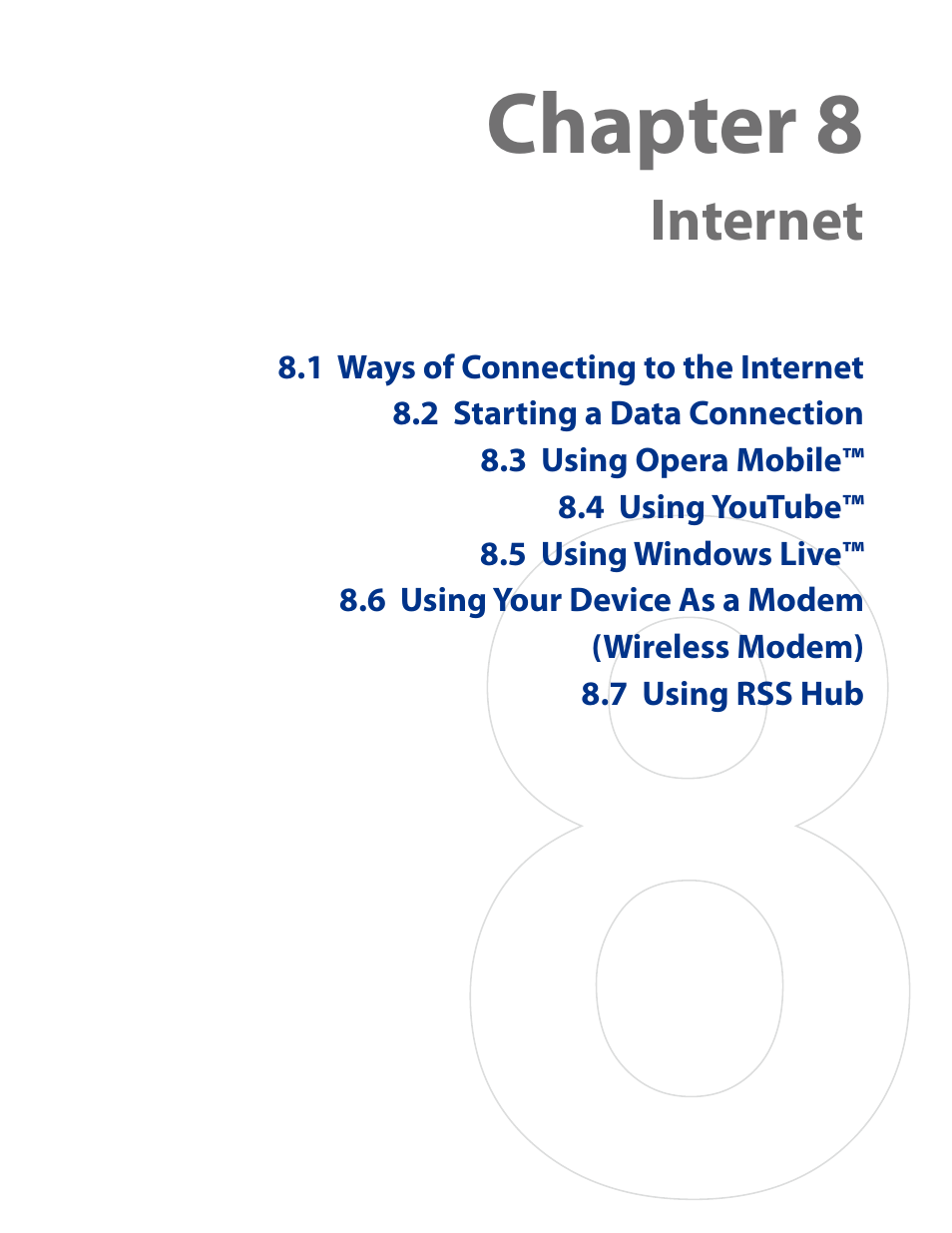 Chapter 8 internet, Chapter 8, Internet | HTC AM171 User Manual | Page 75 / 158