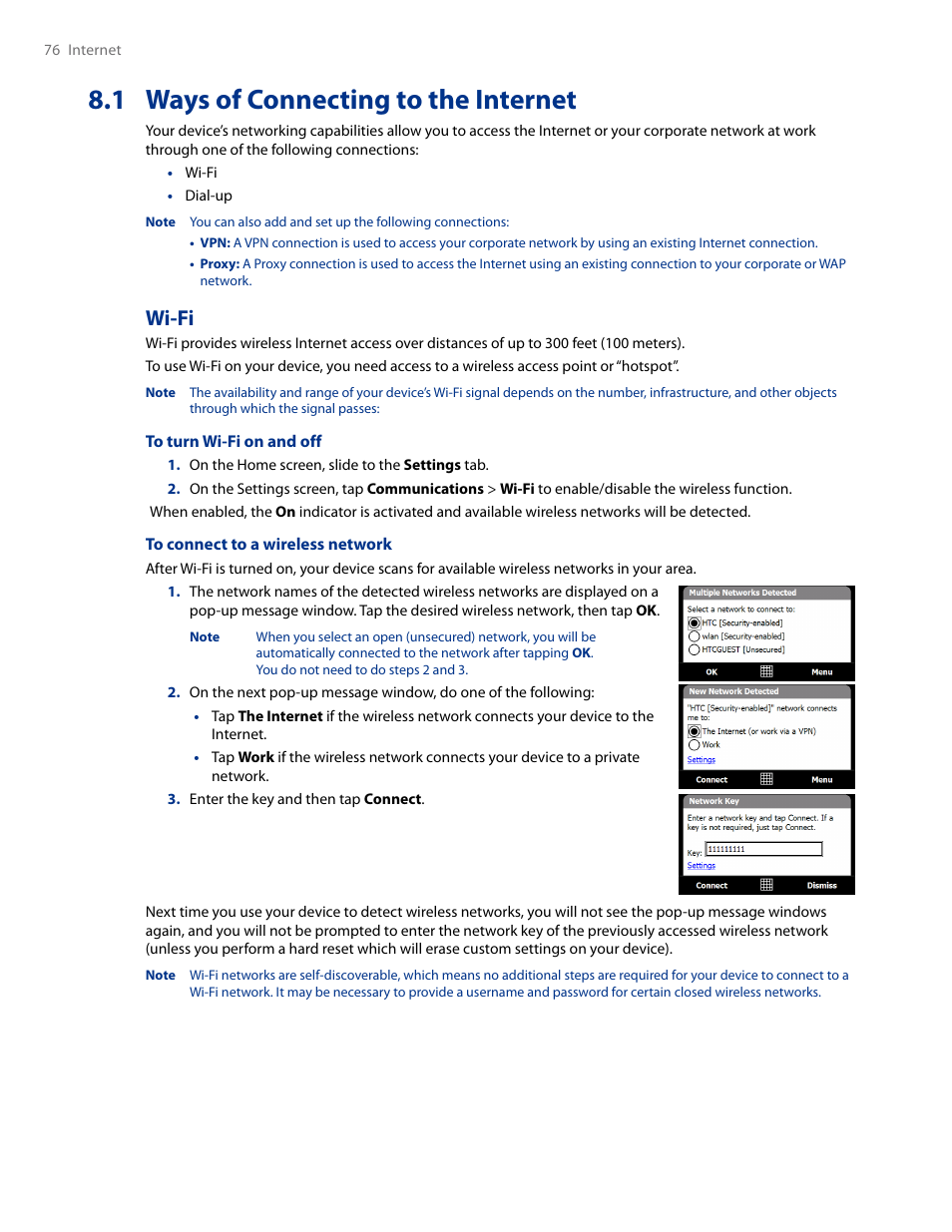 1 ways of connecting to the internet, Wi-fi | HTC AM171 User Manual | Page 76 / 158
