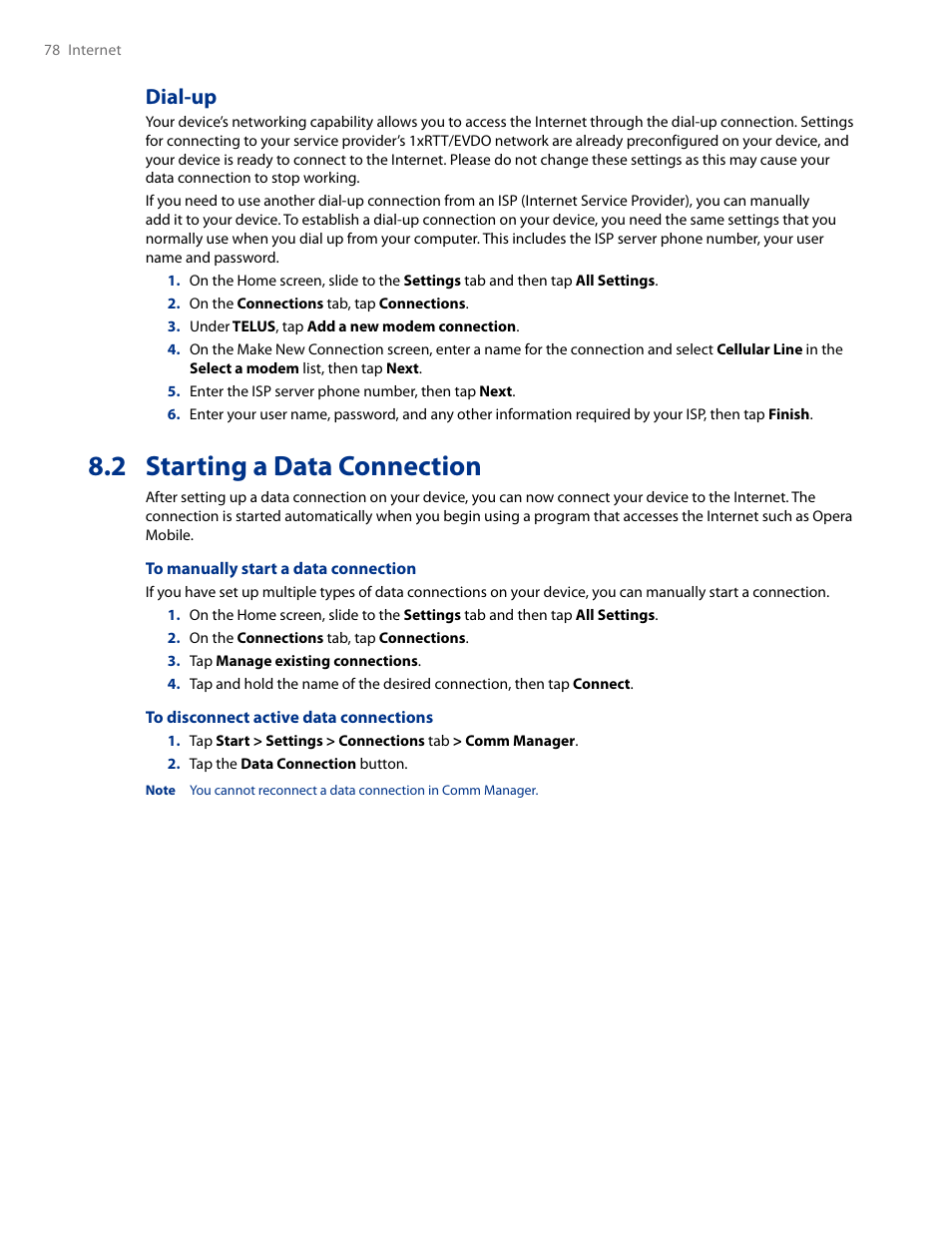 2 starting a data connection, Dial-up | HTC AM171 User Manual | Page 78 / 158