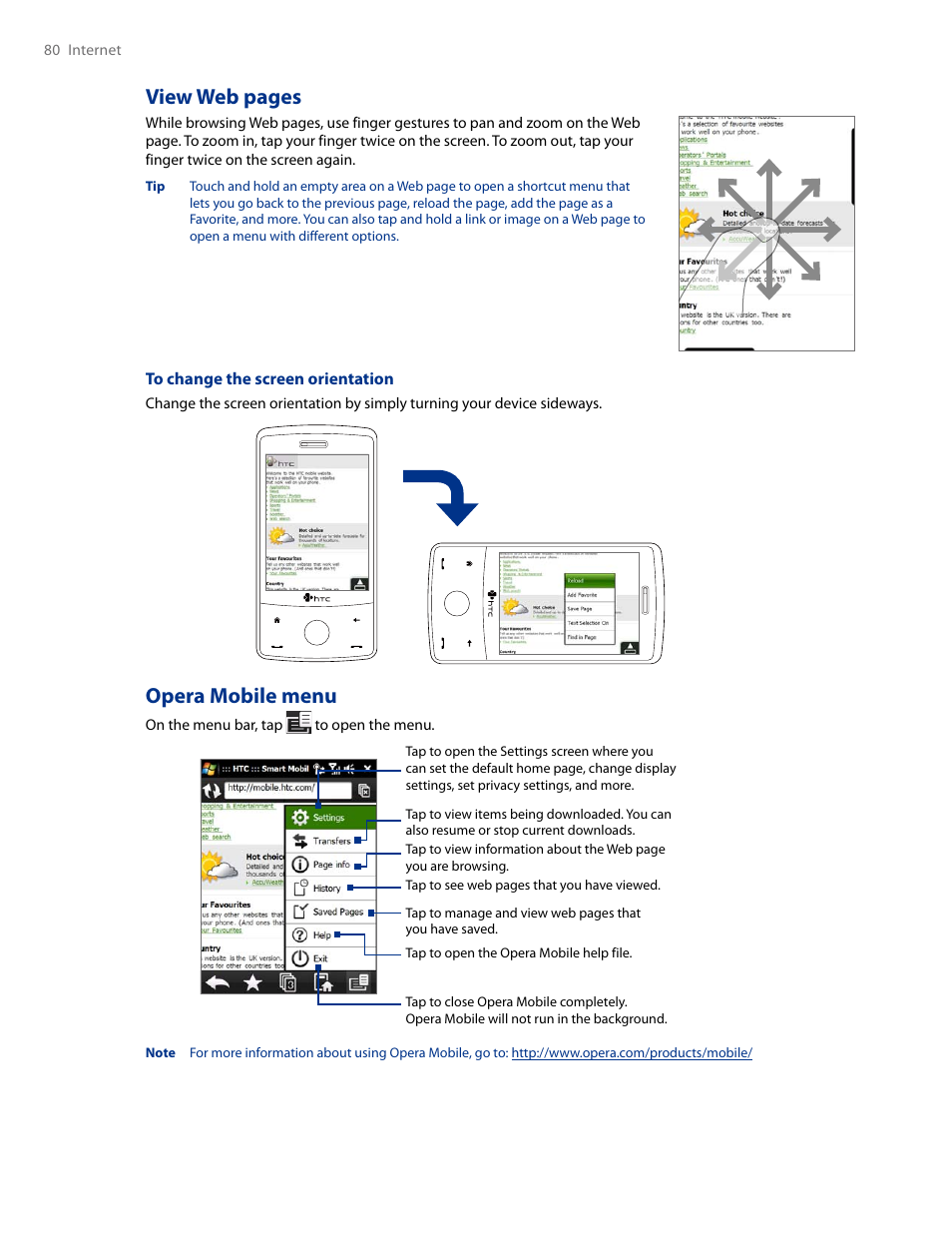 View web pages, Opera mobile menu | HTC AM171 User Manual | Page 80 / 158