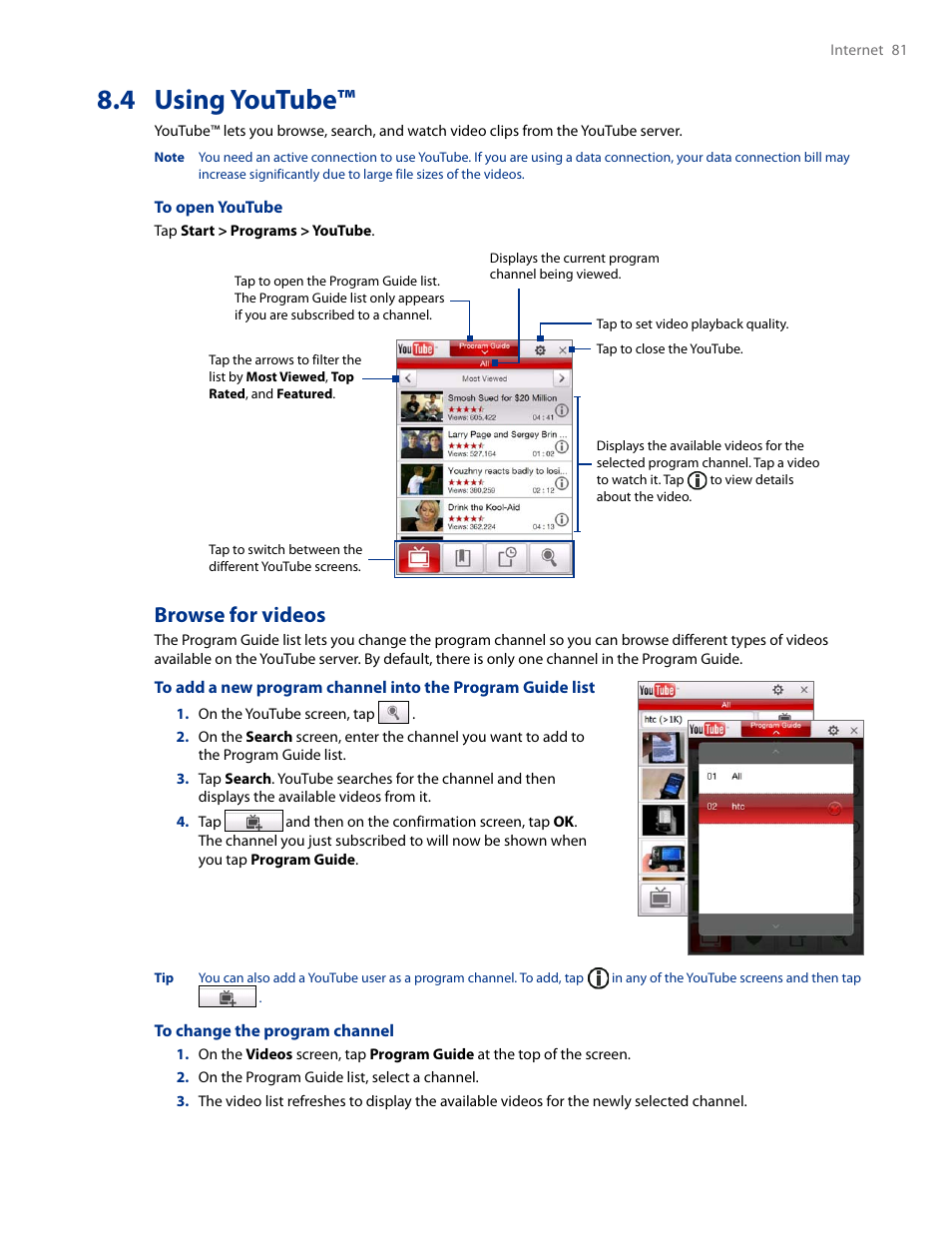 4 using youtube, Browse for videos | HTC AM171 User Manual | Page 81 / 158