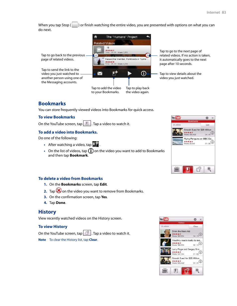 Bookmarks history, Bookmarks, History | HTC AM171 User Manual | Page 83 / 158