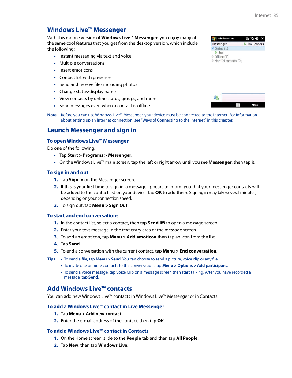 Windows live™ messenger, Launch messenger and sign in, Add windows live™ contacts | HTC AM171 User Manual | Page 85 / 158
