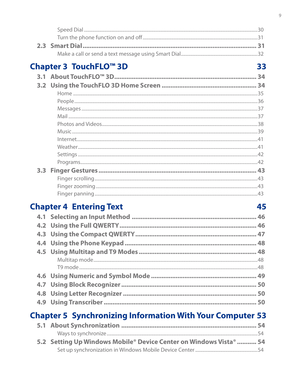 Chapter 3 touchflo™ 3d 33, Chapter 4 entering text 45 | HTC AM171 User Manual | Page 9 / 158