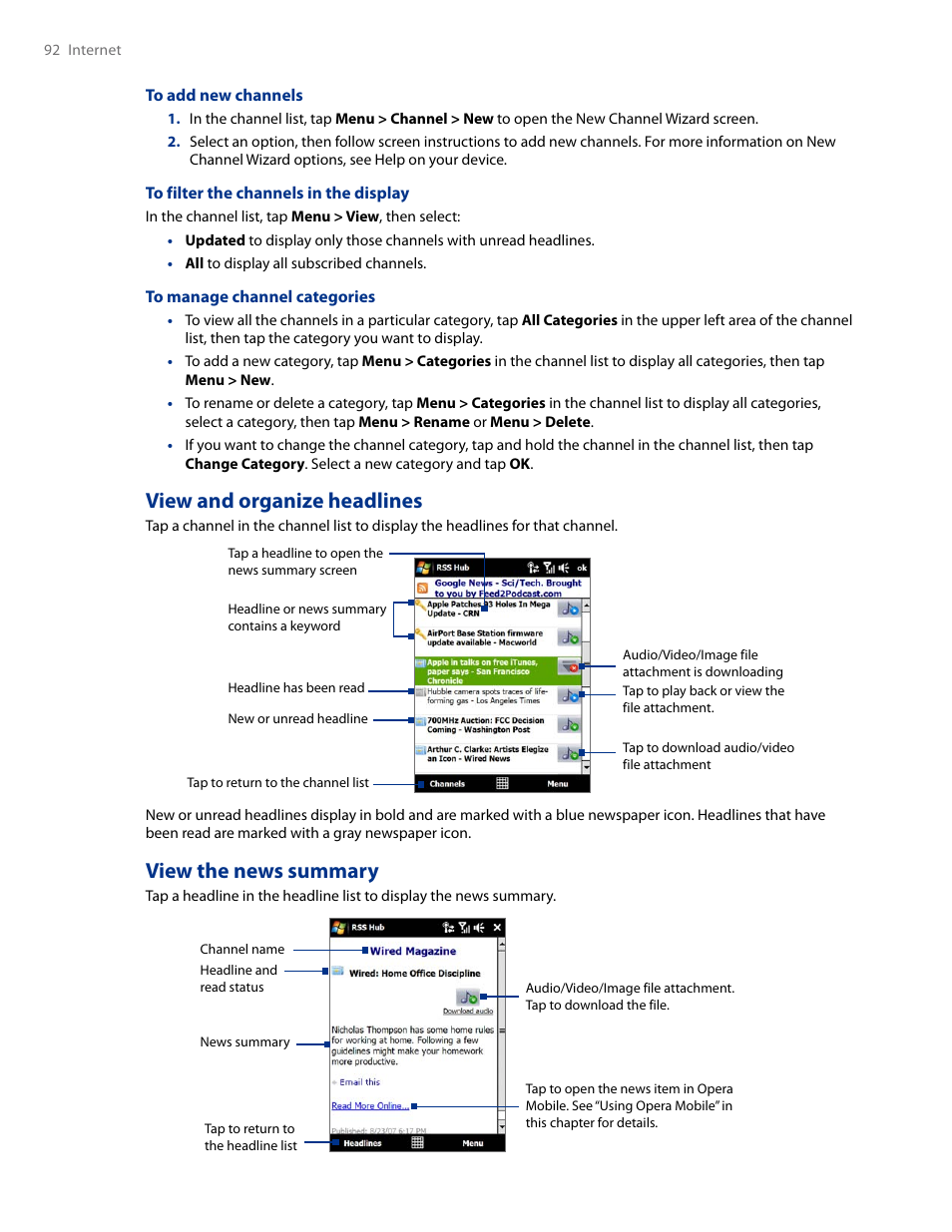 View and organize headlines, View the news summary | HTC AM171 User Manual | Page 92 / 158
